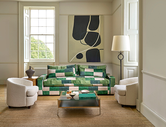 Linear 4 seater sofa in Harpers Bazaar Palette Studio Green with seat cushion in Linwood Romney Wool Forest
